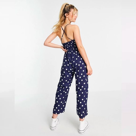 Navy Tie front shirred waist culotte jumpsuit in navy & white polka dot print - Picture 3 of 5